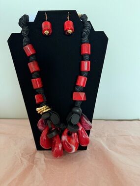 Red Statement Bead Necklace & Earring Set